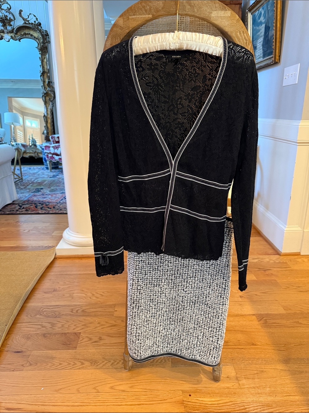 Vintage Escada Knit Skirt and Sweater Jacket Top Navy and White, like St Johns